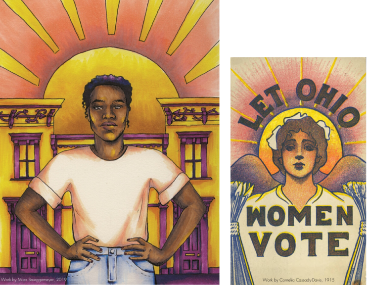 This artwork by Youth Apprentice Miles Brueggemeyer (left) was developed in tribute to this original suffrage artwork (right) created by Cincinnati artist, Cornelia Cassady-Davis, in 1915 (image courtesy of the Ohio History Connection).