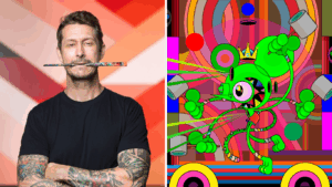 James Marshall headshot next to his artwork