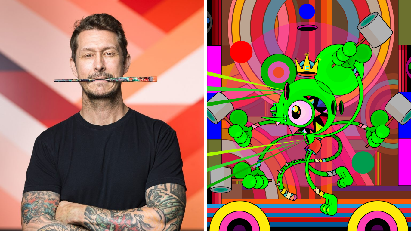 James Marshall headshot next to his artwork