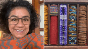 Artist Ximena Flores next to image of her artwork