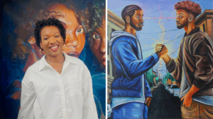 Artist Daryl Myntia Daniels headshot next to image of her artwork