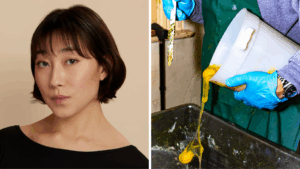 Artist HATSUE headshot next to image of her artwork