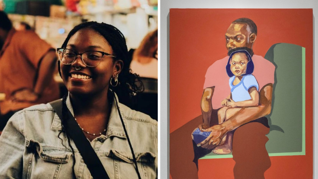 Artist Nyataya Babbitt next to an image of her painting of a man holding a toddler in his lap