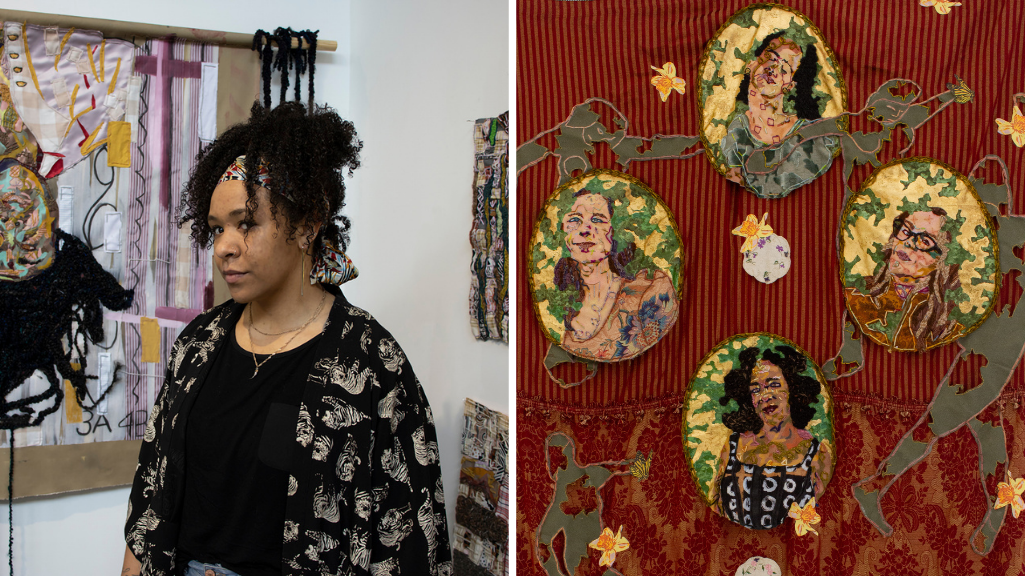Artist headshot of Josie Love Roebuck alongside threaded work featuring a vibrant wall hanging adorned with several photographs of women, capturing a range of emotions and moments.