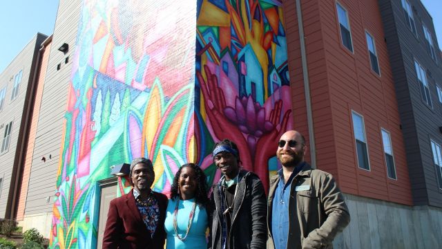 Pictured (L-R): Designer - Cedric Michael Cox, Lead Teaching Artist - Adoria Maxberry, Senior Apprentice - LaDe Richardson, and Project Manager - Devin Grimm.