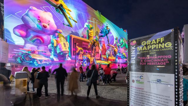Graff Mapping projection on the Cincinnati Toy Heritage mural. Photo by J. Miles Wolf.