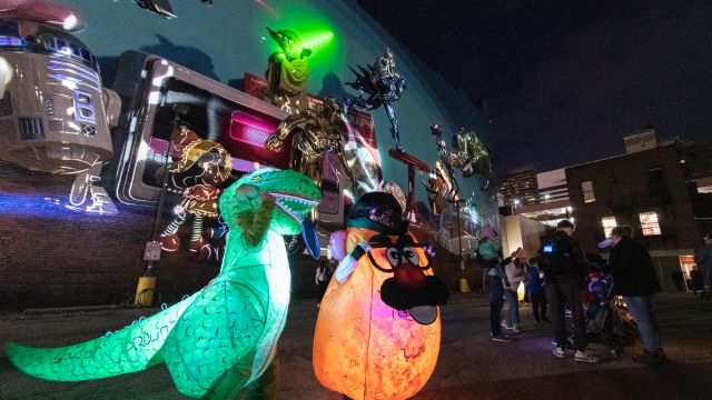 Golden Brown costume characters. Projection mapping by Graffmapping. Photo by J. Miles Wolf.