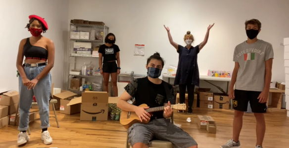 From the summer: Pictured are the Camp cARTwheel counselor team introducing the Camp cARTwheel camp song. From the left: ArtWorks youth apprentice Samara Bill, apprentice Maya Holtzman apprentice Alex Tanveer, artist Julia Lipovsky, and apprentice Jackman Land. From the summer: Pictured are the Camp cARTwheel counselor team introducing the Camp cARTwheel camp song. From the left: ArtWorks youth apprentice Samara Bill, apprentice Maya Holtzman apprentice Alex Tanveer, artist Julia Lipovsky, and apprentice Jackman Land.